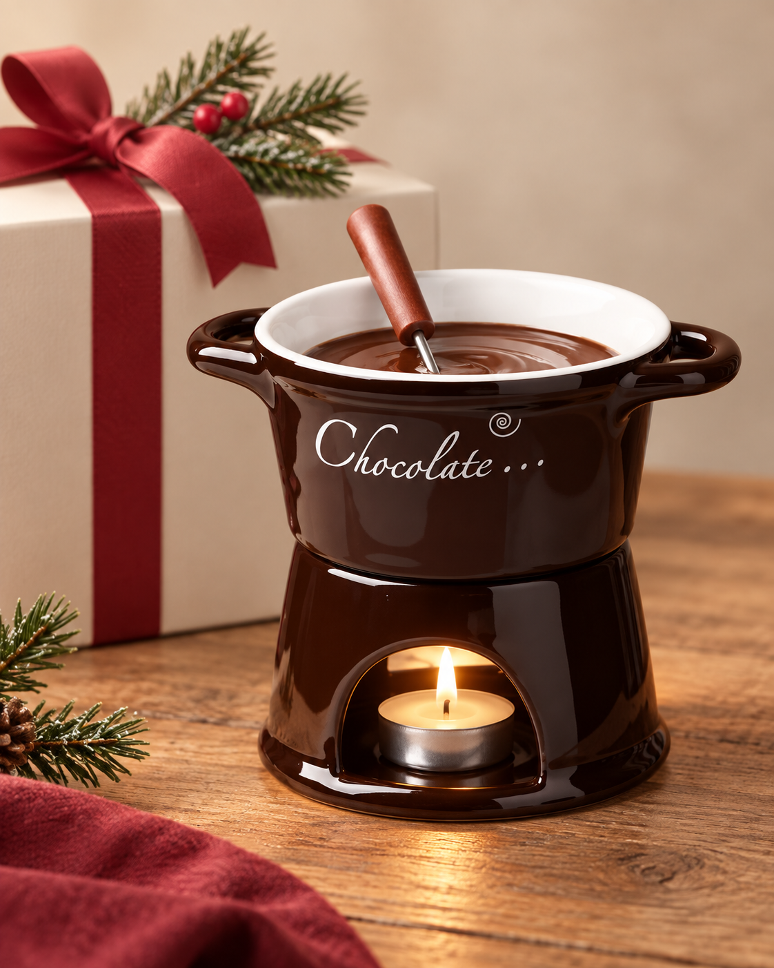 Brown meltu cup styled beside a simple Christmas gift box