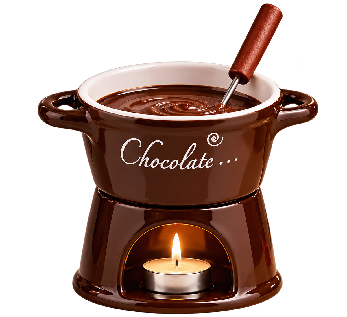 Brown meltu Fondue Cup with melted chocolate, its fork and a lit tealight