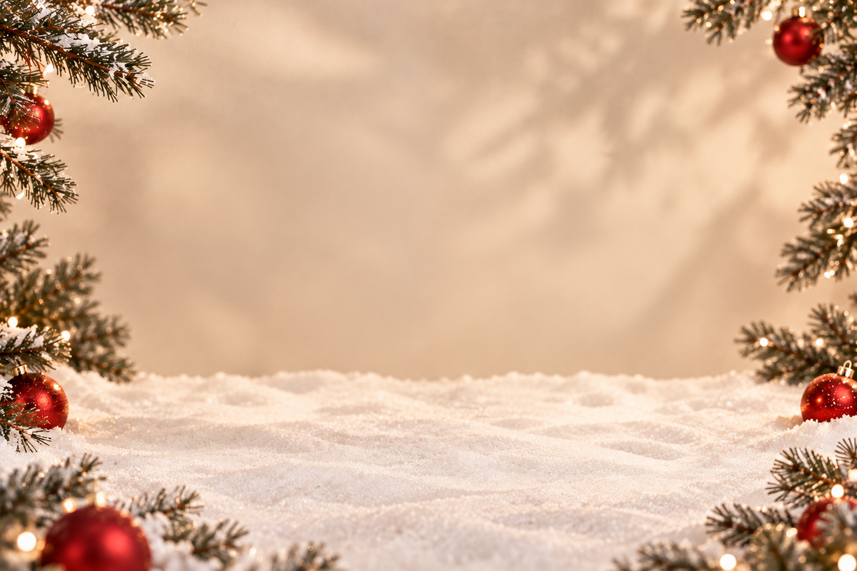 A warm Christmas setting with snowy fir branches and red ornaments