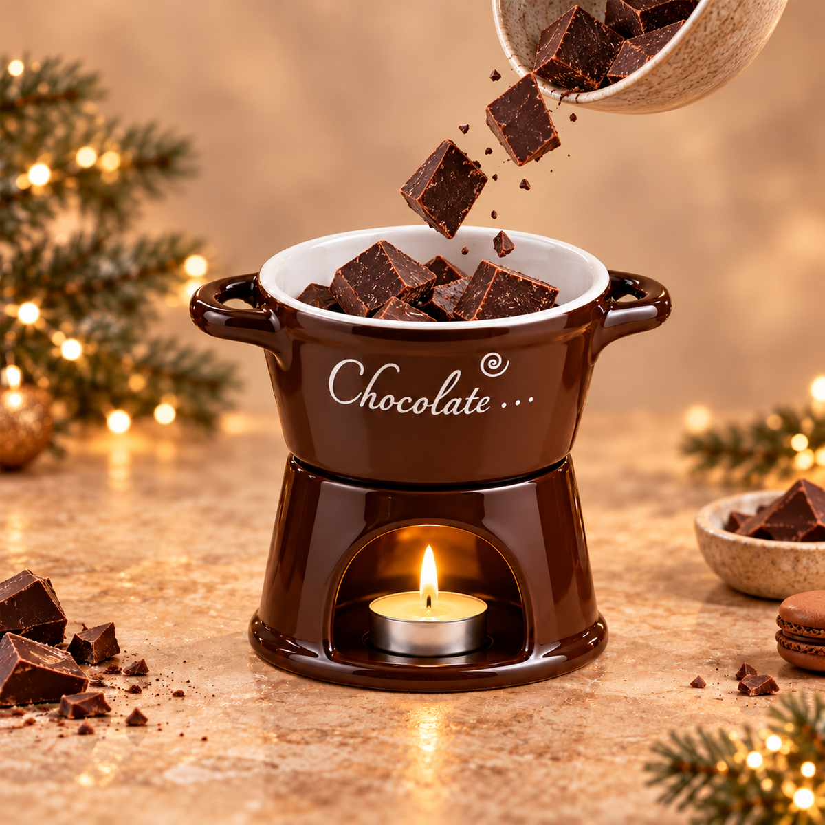 Solid chocolate pieces being added to the brown Cup