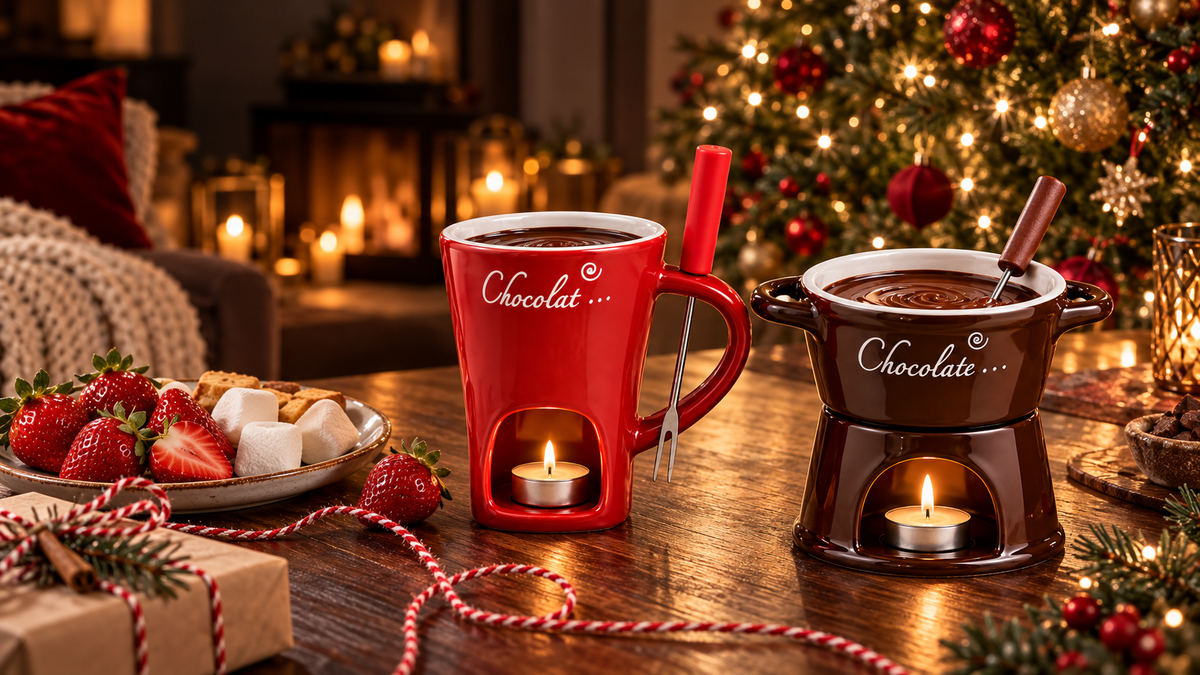 Red and brown meltu fondue cups on a candlelit Christmas table