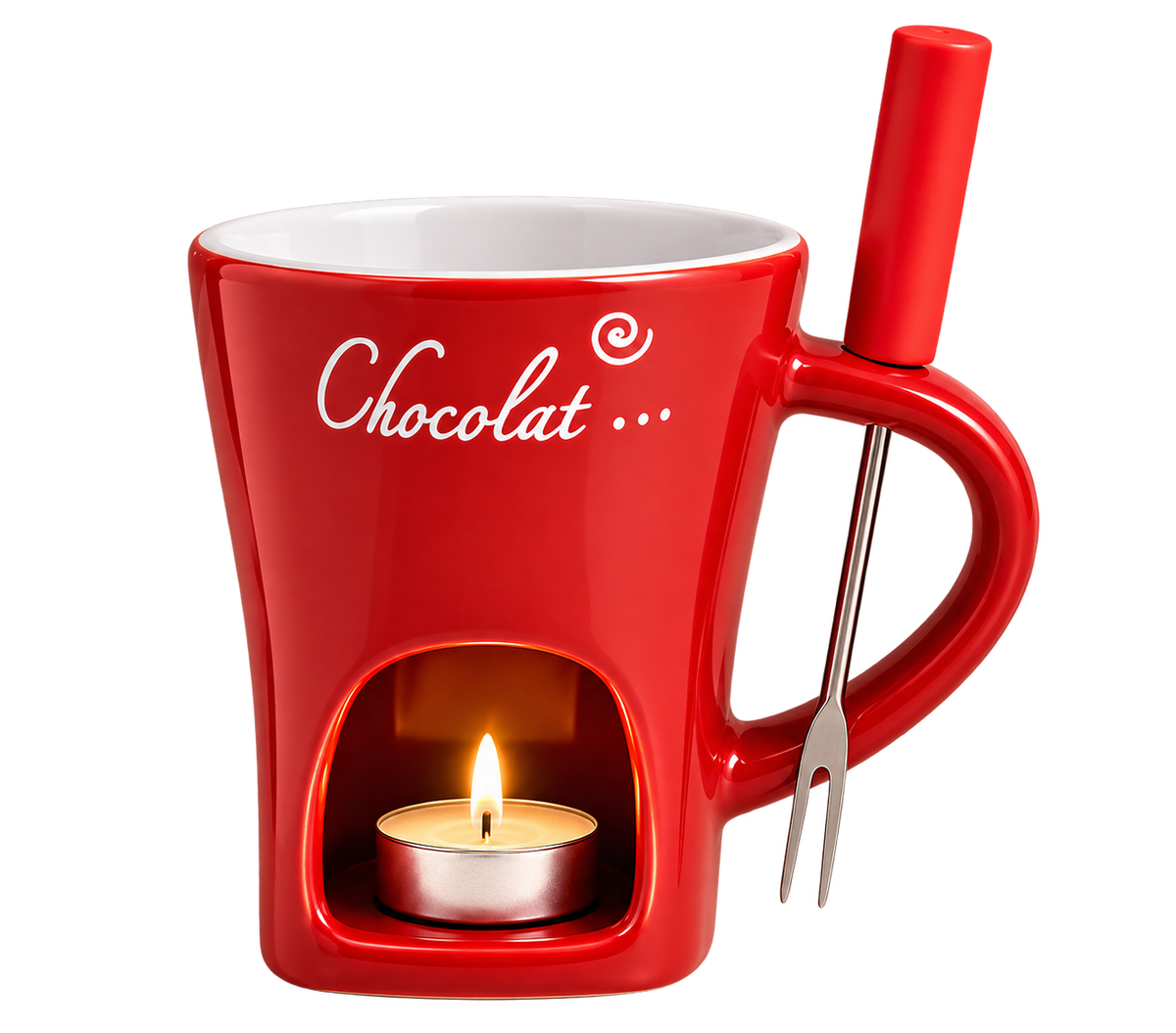Red meltu Fondue Mug with its fork and a lit tealight